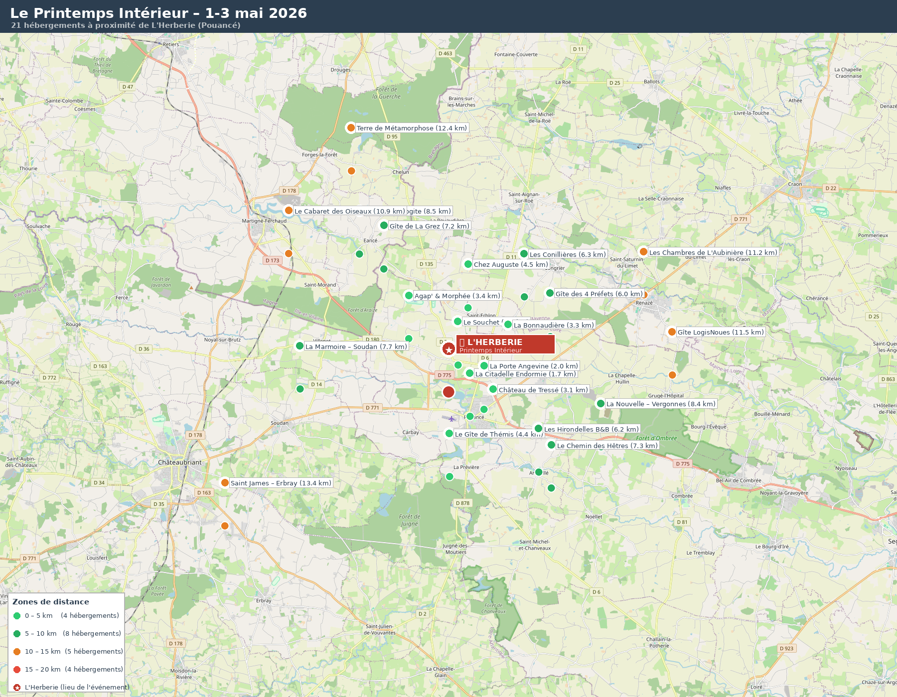 Carte des hébergements autour de L'Herberie, Pouancé