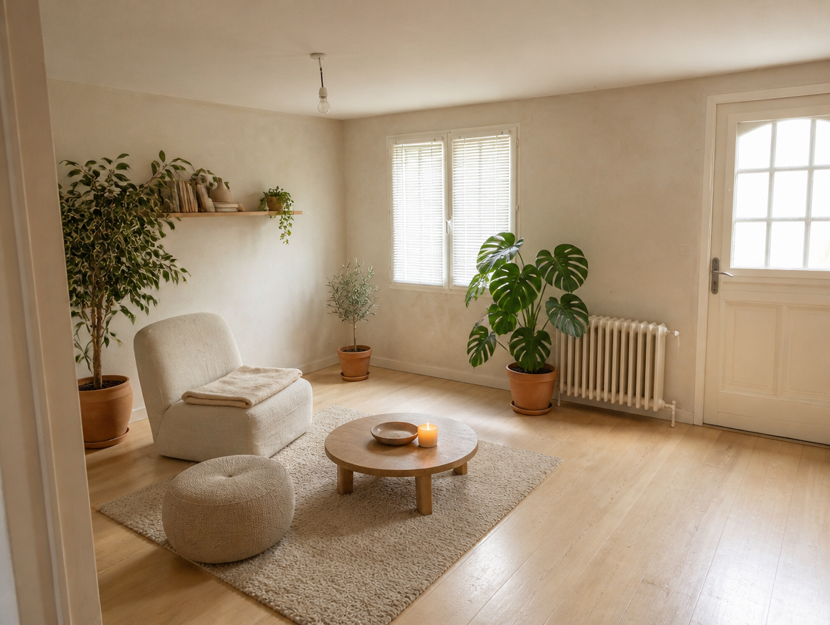 Le futur cabinet de thérapeute de L'Herberie : fauteuils face à face, plantes et lumière douce