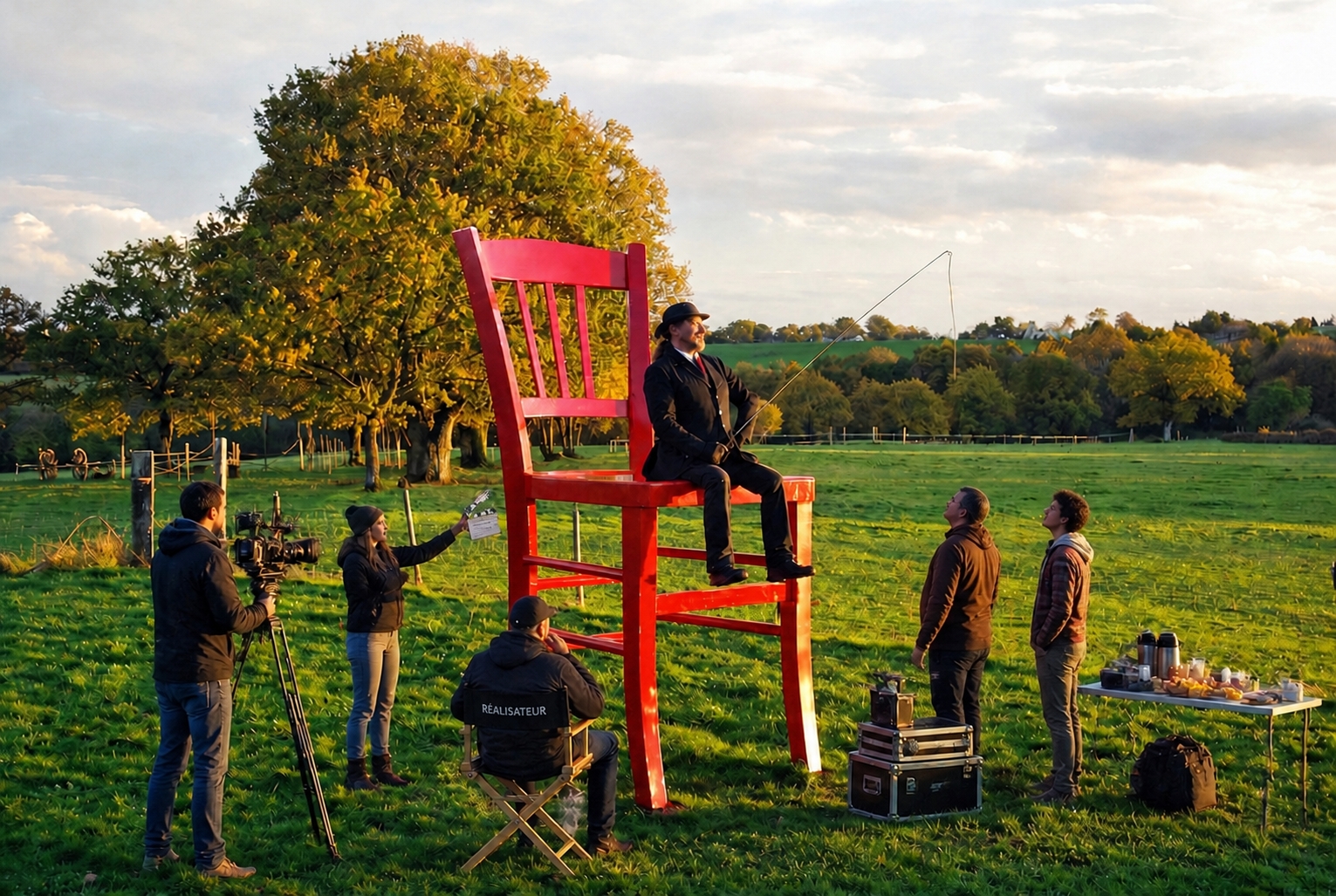 Xavier sur la chaise rouge géante, caméra au trépied et clap au premier plan — ambiance de tournage à L'Herberie